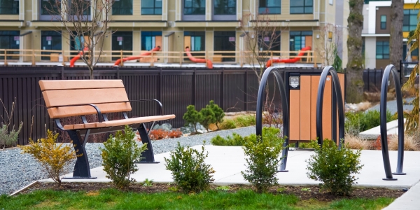 Wishbone Parker Bench, Loop Bike Rack and Modena Square Top Waste Receptacle in Chilliwack BC (1)